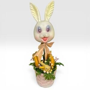 Vtg Easter Bunny In Basket Flocked Rabbits Carrots Flowers Decor Hong Kong 1950s